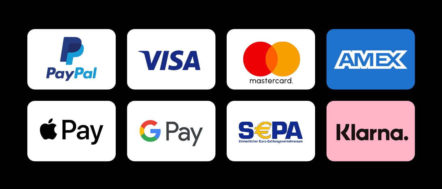 Zahlungsanbieter: Paypal, Visa, Mastercard. Amex, ApplePay, GooglePay, SEPA, Klarna